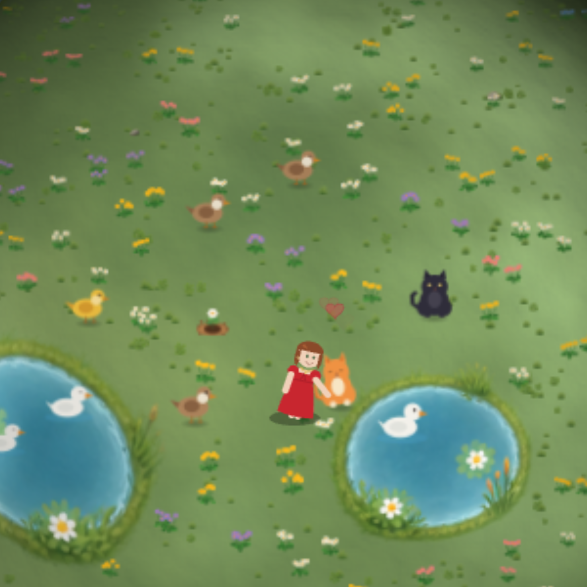 The character meets an orange cat beside two ponds on a lush game planet